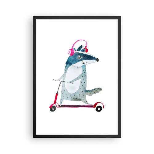 Plagát v čiernom ráme - Ilustrácia jazveca na kolobežke s ružovými slúchadlami - 50x70cm - Jazvečie radosti - Moderná nástenná dekorácia do obývacej izby a spálne ARTTOR