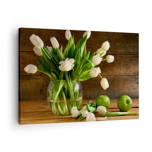 Obraz na plátne - Kytica bielych tulipánov v sklenenej váze so zelenými jablkami - 70x50cm - Šťavnaté a čerstvé v zelenej a bielej - Moderná nástenná dekorácia do obývacej izby a spálne ARTTOR