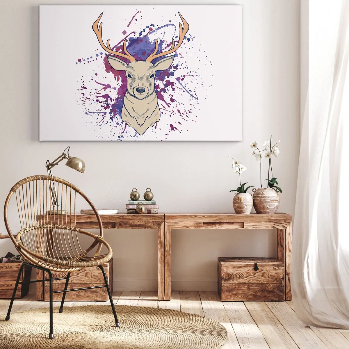 Obraz na plátne - Portrét jeleňa s abstraktnými škvrnami v pozadí - 70x50cm - Odvaha a rovnováha - Moderná nástenná dekorácia do obývacej izby a spálne ARTTOR