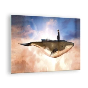 Obraz na skle - Fantastická veľryba vznášajúca sa v oblakoch so ženou na chrbte. - 70x50cm - Surrealistická cesta - Moderná nástenná dekorácia do obývacej izby a spálne ARTTOR
