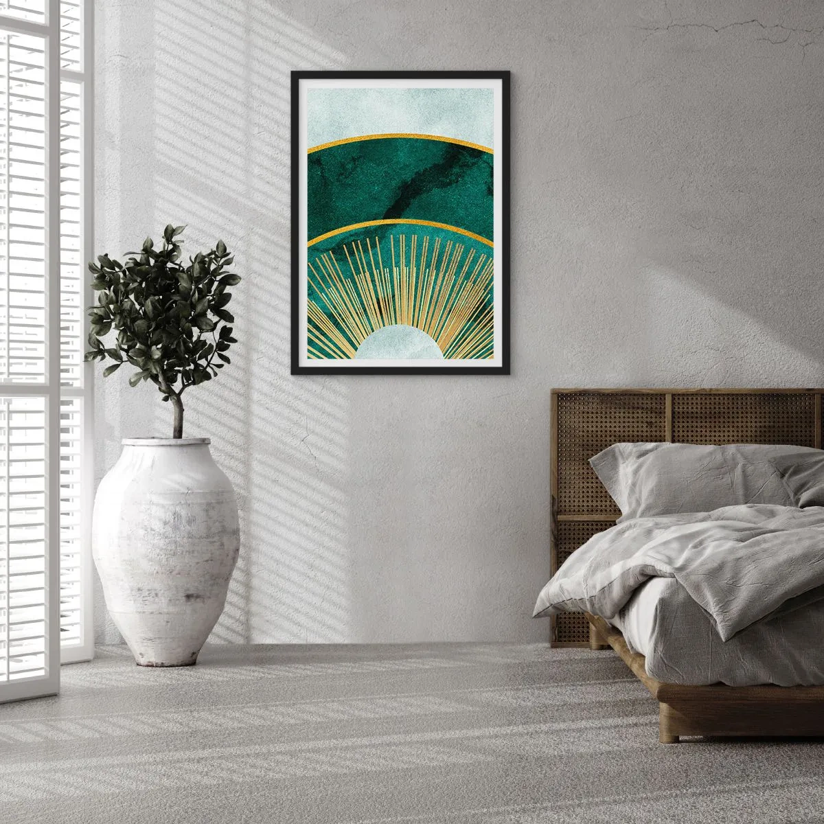 Plagát v čiernom ráme - Elegantná geometrická kompozícia v odtieňoch zelenej a zlatej - 50x70cm - Iná slnečná sústava - Moderná nástenná dekorácia do obývacej izby a spálne ARTTOR
