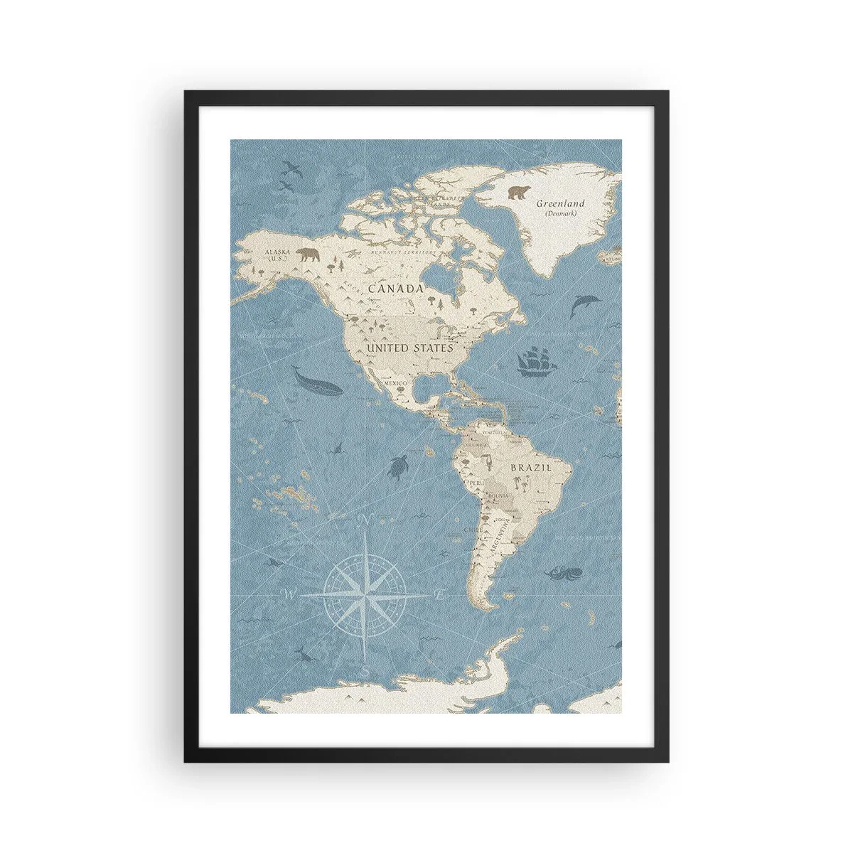 Plagát v čiernom ráme - Štylizovaná mapa Severnej a Južnej Ameriky - 50x70cm - Svet na dosah ruky - Moderná nástenná dekorácia do obývacej izby a spálne ARTTOR