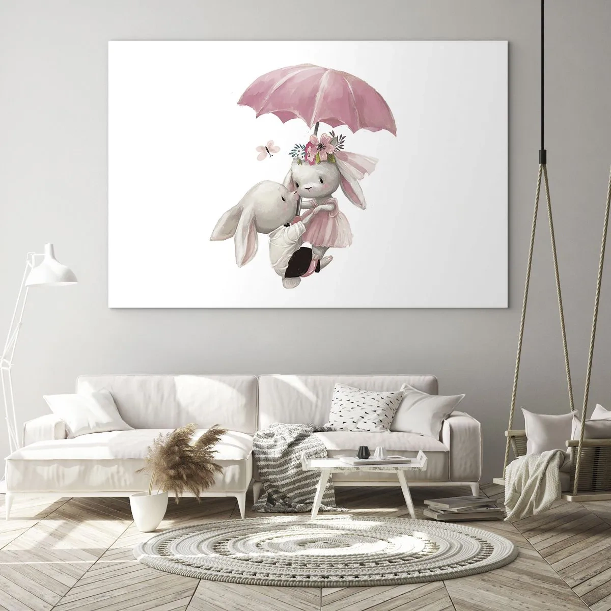 Obraz na skle - Dva králiky pod ružovým dáždnikom v romantickej scéne - 70x50cm - To je láska - Moderná nástenná dekorácia do obývacej izby a spálne ARTTOR