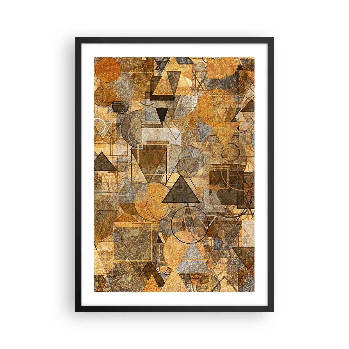 Plagát v čiernom ráme - Zlatá abstraktná geometrická kompozícia - 50x70cm - Svet zachytený do tvaru - Moderná nástenná dekorácia do obývacej izby a spálne ARTTOR