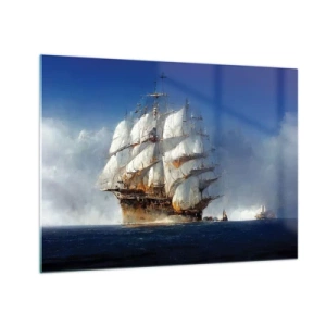 Obraz na skle - Plachetnica na otvorenom mori uprostred morskej hmly - 70x50cm - The great glory! - Moderná nástenná dekorácia do obývacej izby a spálne ARTTOR
