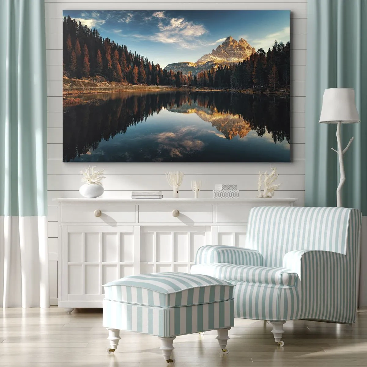 Obraz na plátne - Horská krajina s jazerom a lesom - 70x50cm - Dvojitá krajina - Moderná nástenná dekorácia do obývacej izby a spálne ARTTOR