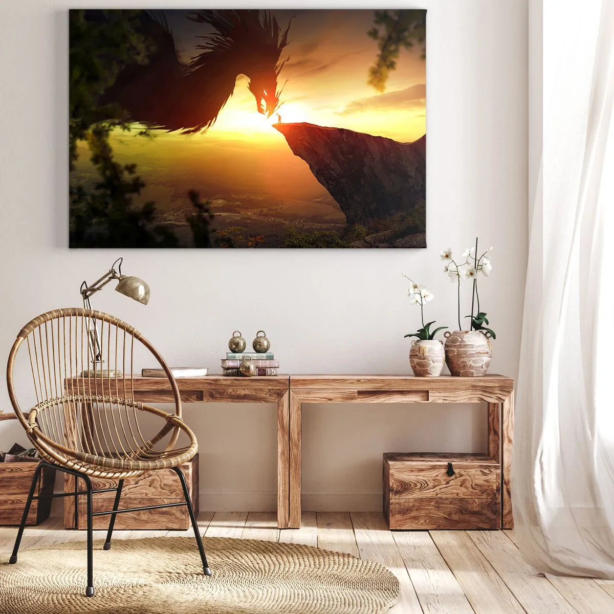 Obraz na plátne - Drak a muž na skale v žiari zapadajúceho slnka - 70x50cm - Premožiteľ draka - Moderná nástenná dekorácia do obývacej izby a spálne ARTTOR