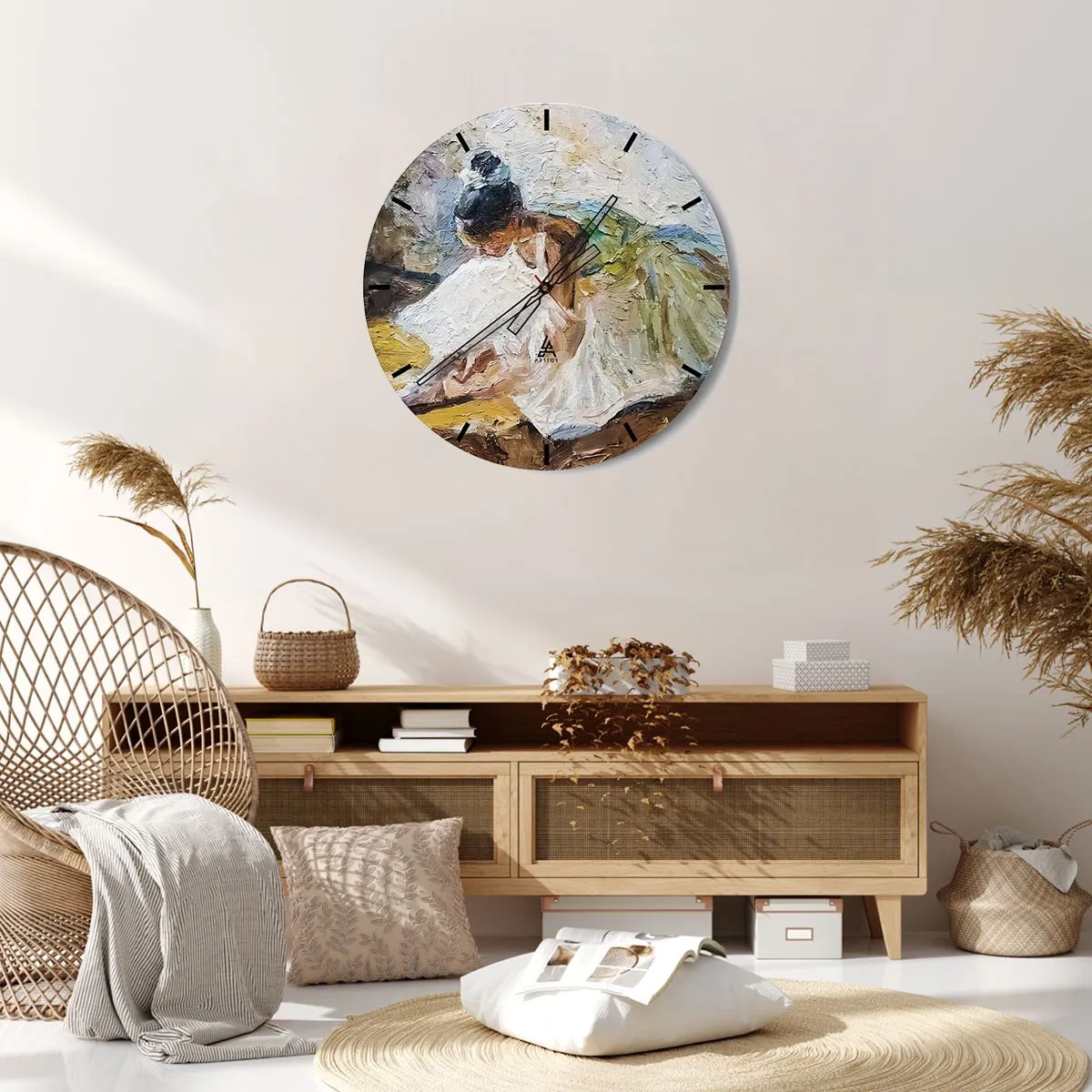Nástenné hodiny - Baletný tanečník v bielych šatách zobrazený v impresionistickom štýle. - 30x30cm - Z Degasovho obrazu - Moderná nástenná dekorácia do obývacej izby, kuchyne a spálne ARTTOR