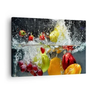 Obraz na plátne - Farebné ovocie vo vode počas dynamického ponorenia - 70x50cm - Ovocné osvieženie - Moderná nástenná dekorácia do obývacej izby a spálne ARTTOR