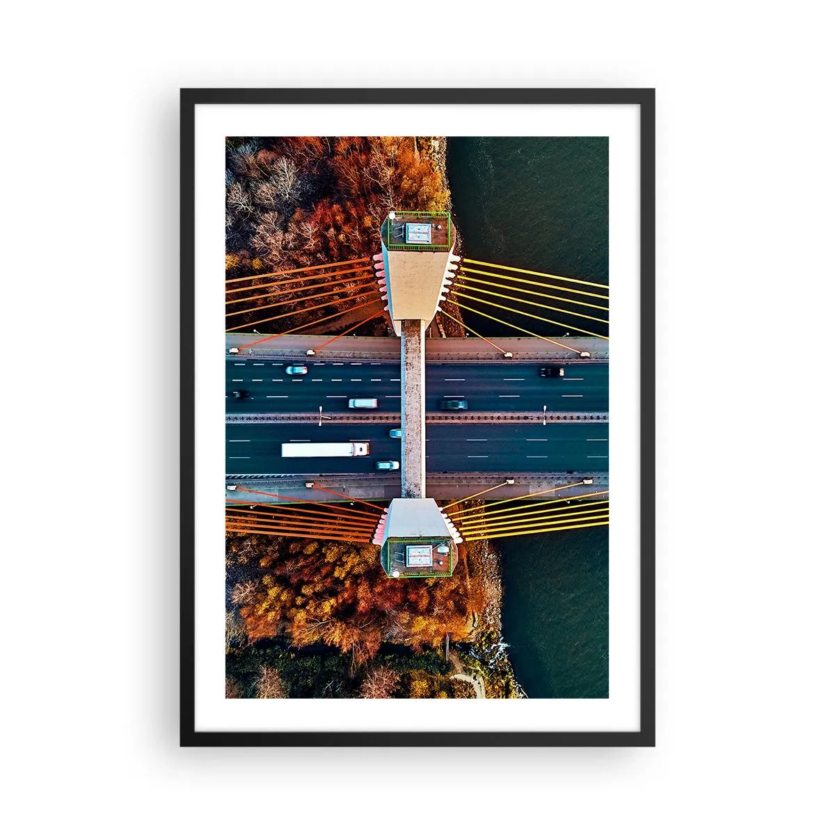 Plagát v čiernom ráme - Pohľad zhora na moderný most s autami a žltými lanami - 50x70cm - Za vodami, za lesmi - Moderná nástenná dekorácia do obývacej izby a spálne ARTTOR