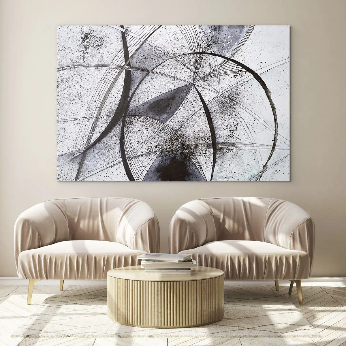 Obraz na skle - Čiernobiela kompozícia pretínajúcich sa čiar a geometrických oblúkov. - 70x50cm - Futuristická fantázia - Moderná nástenná dekorácia do obývacej izby a spálne ARTTOR