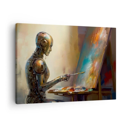 Obraz na plátne - Robot maľujúci na plátno umeleckým štýlom - 70x50cm - Umenie budúcnosti - Moderná nástenná dekorácia do obývacej izby a spálne ARTTOR