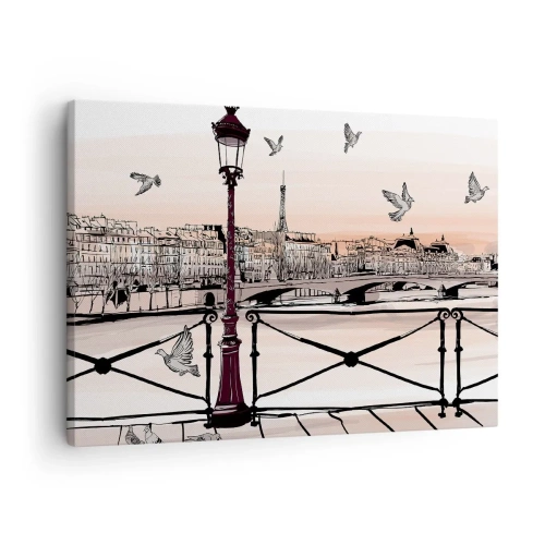 Obraz na plátne - Parížsky výhľad s lampášom a mostom - 70x50cm - Nad strechami Paríža - Moderná nástenná dekorácia do obývacej izby a spálne ARTTOR