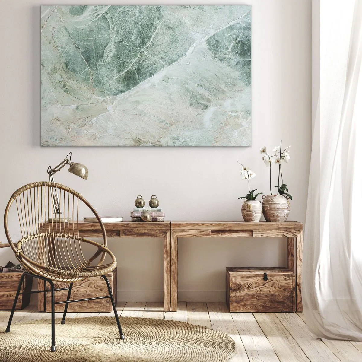 Obraz na plátne - Zelený mramor s jemnými bielymi žilami - 70x50cm - Vznešený chlad kameňa - Moderná nástenná dekorácia do obývacej izby a spálne ARTTOR