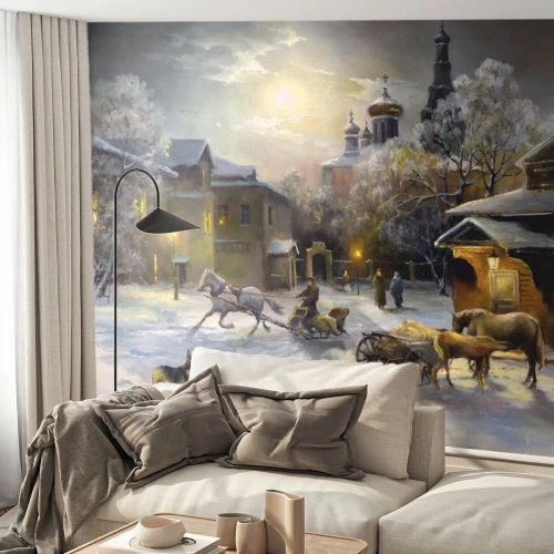 Fototapeta Standard Eco - Zimná krajina so saňami a koňom v mesačnom svite - 100x70cm - Kúzlo ruskej zimy - Moderná nástenná dekorácia do obývacej izby a spálne ARTTOR