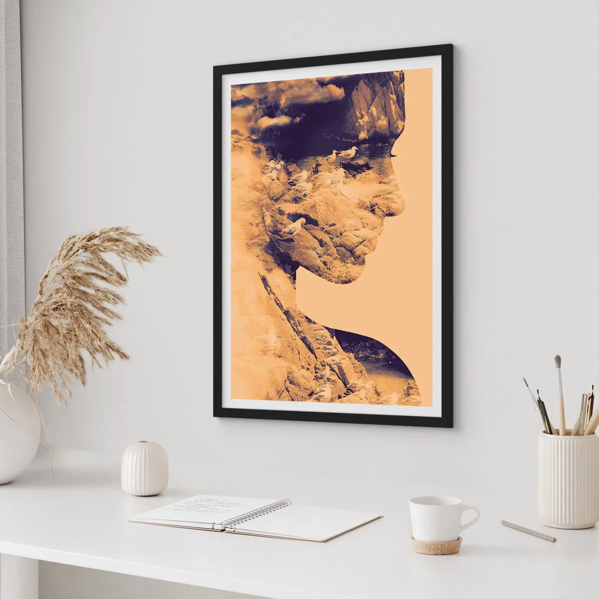 Plagát v čiernom ráme - Portrét s krajinou v štýle dvojitej expozície - 50x70cm - Krásna od prírody - Moderná nástenná dekorácia do obývacej izby a spálne ARTTOR