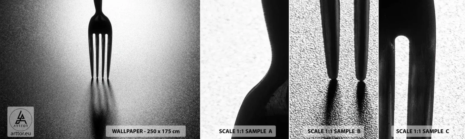 Vzorka samolepiacej fototapety Deluxe Sticker - Svetlo a tieň - Vidlička, Príbory, Kuchyňa - 100x30 cm