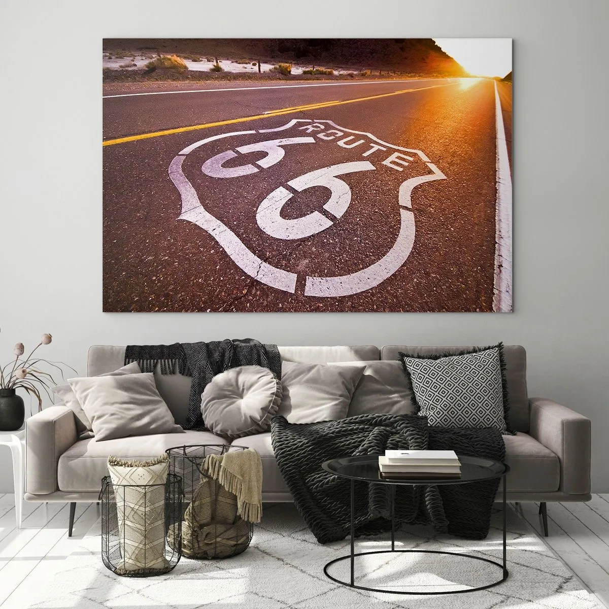 Obraz na skle - Cesta 66 pri západe slnka - 70x50cm - Slávna cesta 66 - Moderná nástenná dekorácia do obývacej izby a spálne ARTTOR