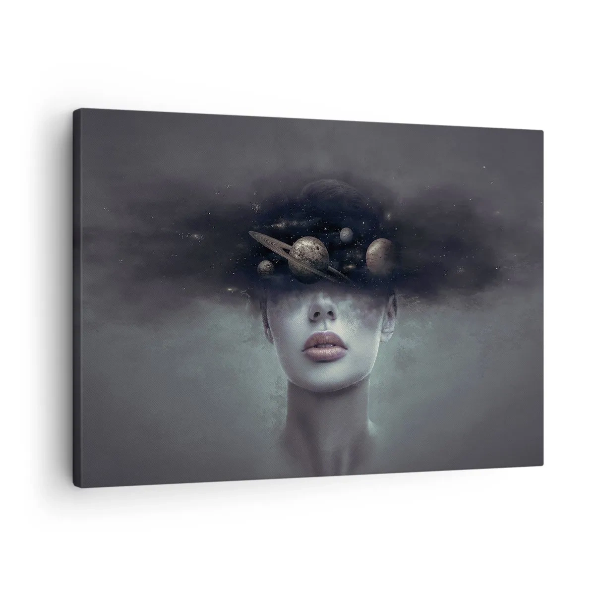 Obraz na plátne - Ženská tvár s motívom planéty a vesmíru v pozadí - 70x50cm - A planéty… - Moderná nástenná dekorácia do obývacej izby a spálne ARTTOR