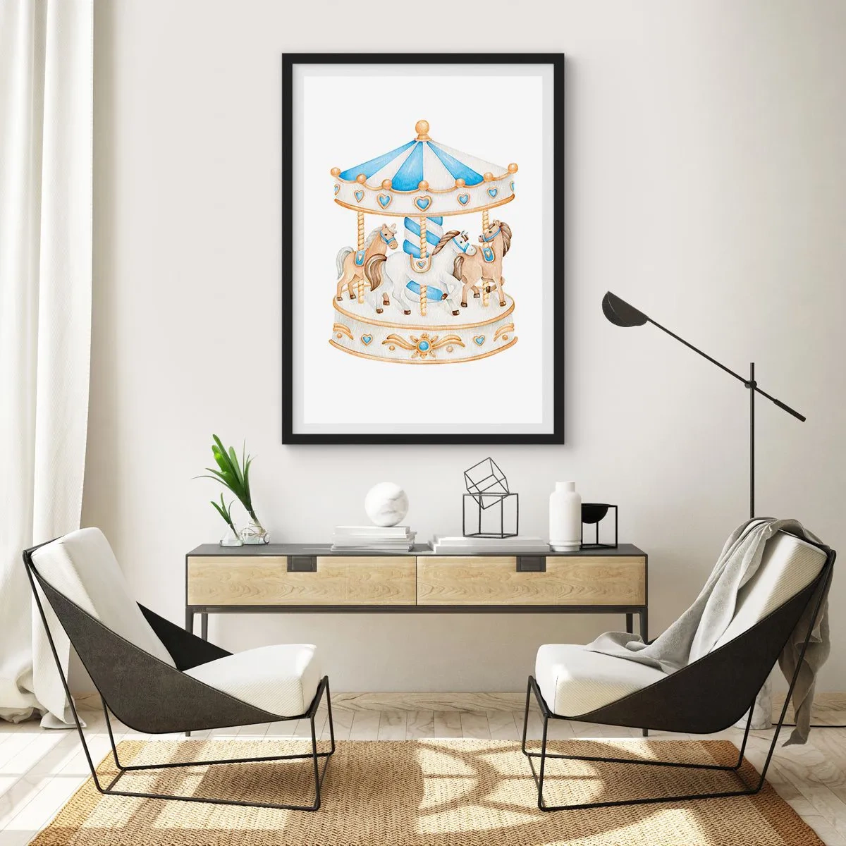 Plagát v čiernom ráme - Akvarelové kolotoče v pastelových odtieňoch modrej a zlatej - 50x70cm - Sladké detstvo - Moderná nástenná dekorácia do obývacej izby a spálne ARTTOR
