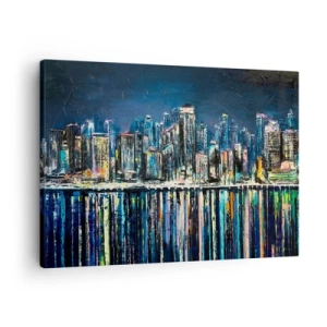 Obraz na plátne - Panoráma nočného mesta odrážajúca sa vo vode - 70x50cm - Kaskáda svetiel - Moderná nástenná dekorácia do obývacej izby a spálne ARTTOR