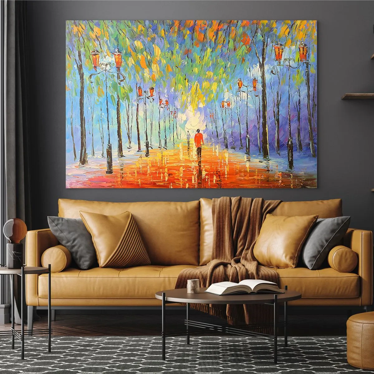 Obraz na skle - Farebný park s uličkou a lampášmi v maliarskom štýle - 70x50cm - Nočná pieseň dažďa - Moderná nástenná dekorácia do obývacej izby a spálne ARTTOR
