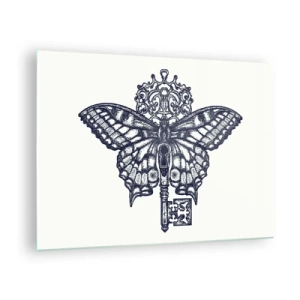 Obraz na skle - Ilustrácia motýľa s kľúčom v strede - 70x50cm - Všetky tajomstvá srdca - Moderná nástenná dekorácia do obývacej izby a spálne ARTTOR