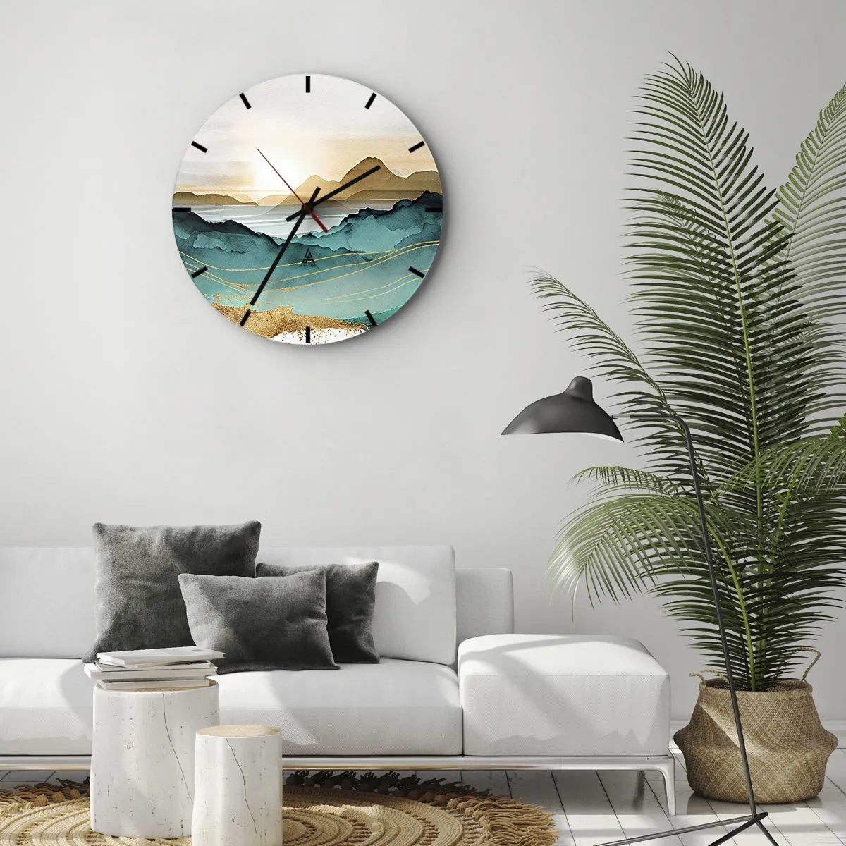Nástenné hodiny - Západ slnka nad abstraktnou horskou krajinou - 30x30cm - Na pokraji abstrakcie – krajina - Moderná nástenná dekorácia do obývacej izby, kuchyne a spálne ARTTOR