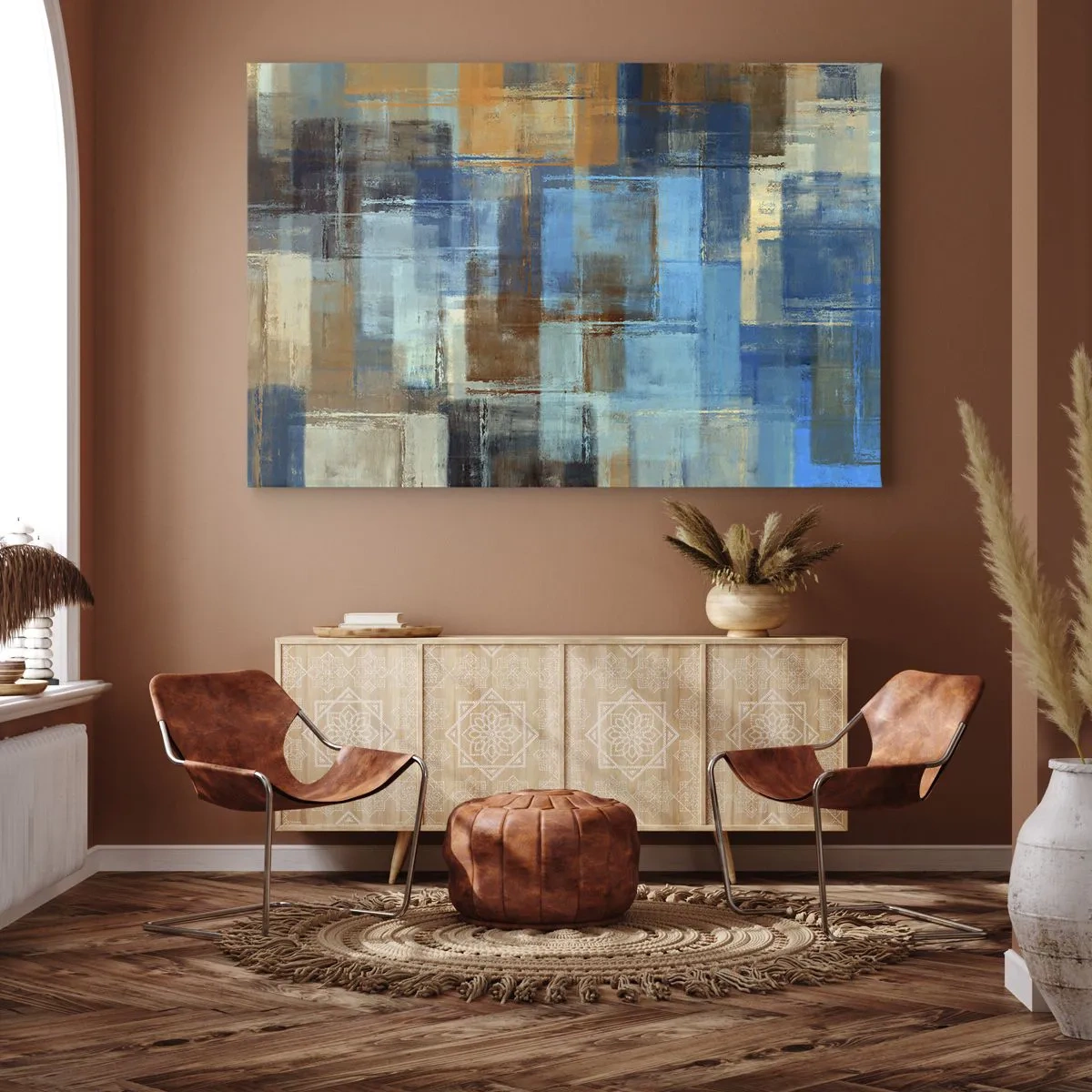 Obraz na plátne - Abstraktná geometrická kompozícia v odtieňoch modrej a hnedej - 70x50cm - Cez modrý závoj - Moderná nástenná dekorácia do obývacej izby a spálne ARTTOR