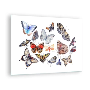 Obraz na skle - Farebné motýle v umeleckej kompozícii - 70x50cm - Čipkový, farebný roj - Moderná nástenná dekorácia do obývacej izby a spálne ARTTOR
