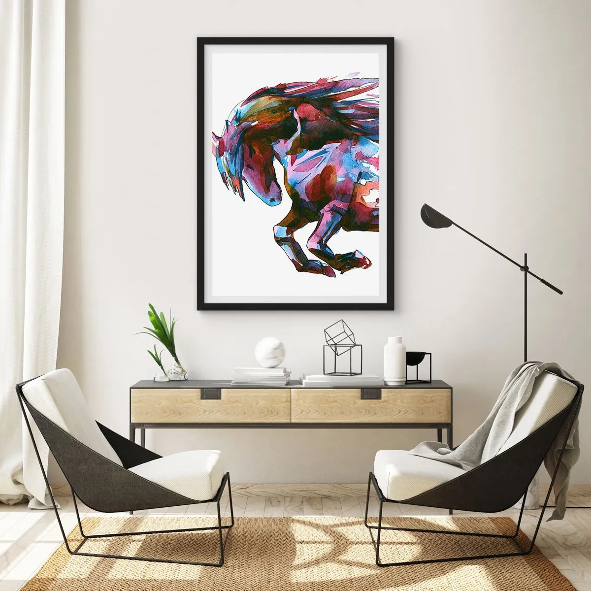 Plagát v čiernom ráme - Farebný abstraktný kôň v dynamickej póze - 50x70cm - Nadšenie - Moderná nástenná dekorácia do obývacej izby a spálne ARTTOR