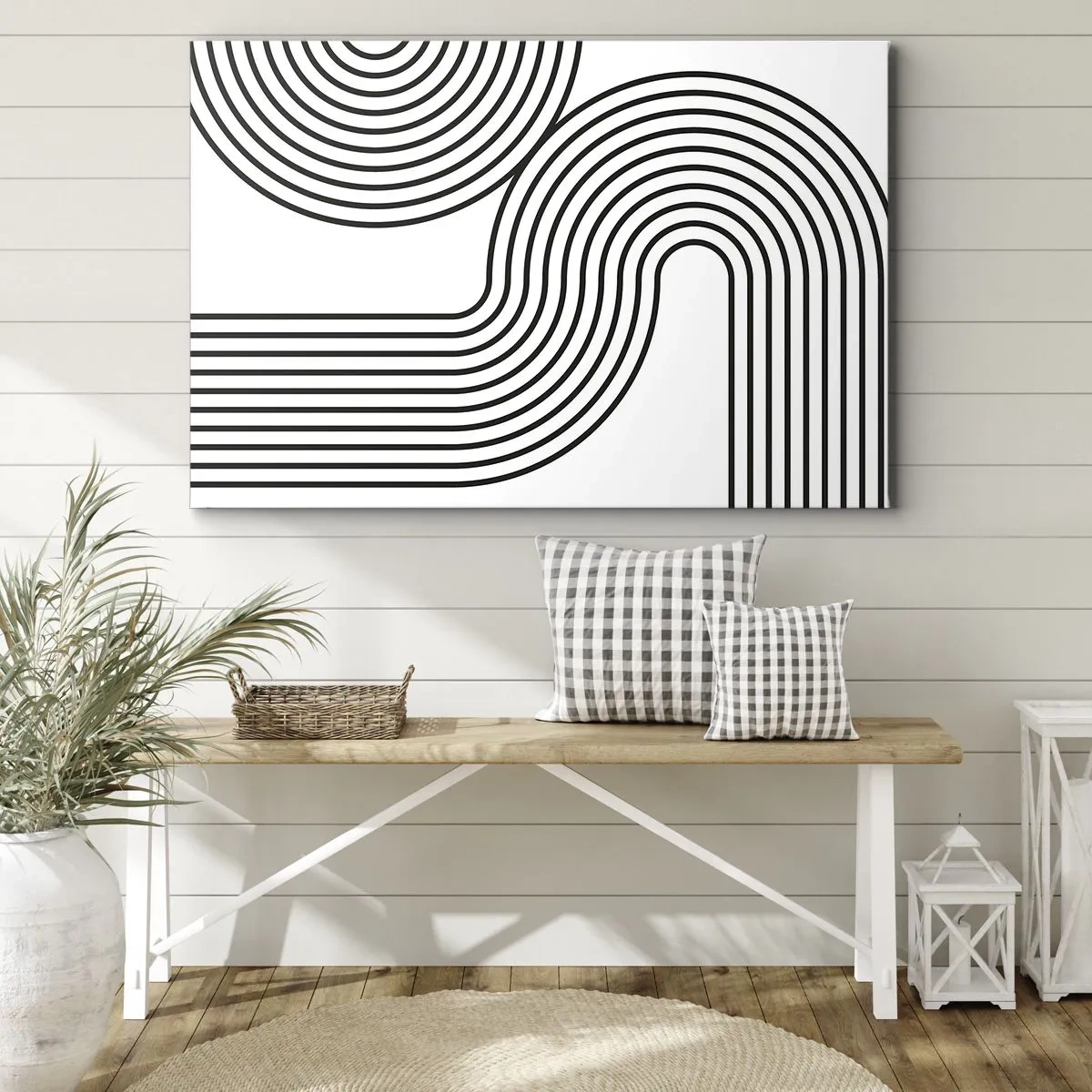 Obraz na plátne - Abstraktný obraz s čiernymi čiarami vytvárajúcimi geometrické vzory na bielom pozadí. - 70x50cm - V zákrute - Moderná nástenná dekorácia do obývacej izby a spálne ARTTOR