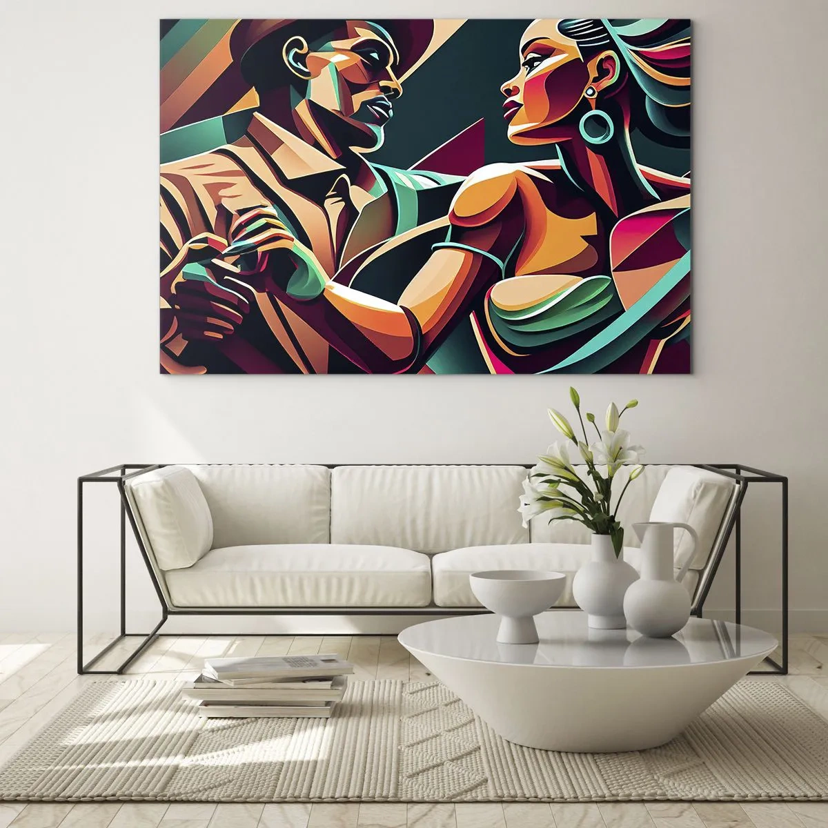 Obraz na skle - Farebný pár tancujúci v štýle art deco s dynamickým výrazom. - 70x50cm - V rytme srdca - Moderná nástenná dekorácia do obývacej izby a spálne ARTTOR