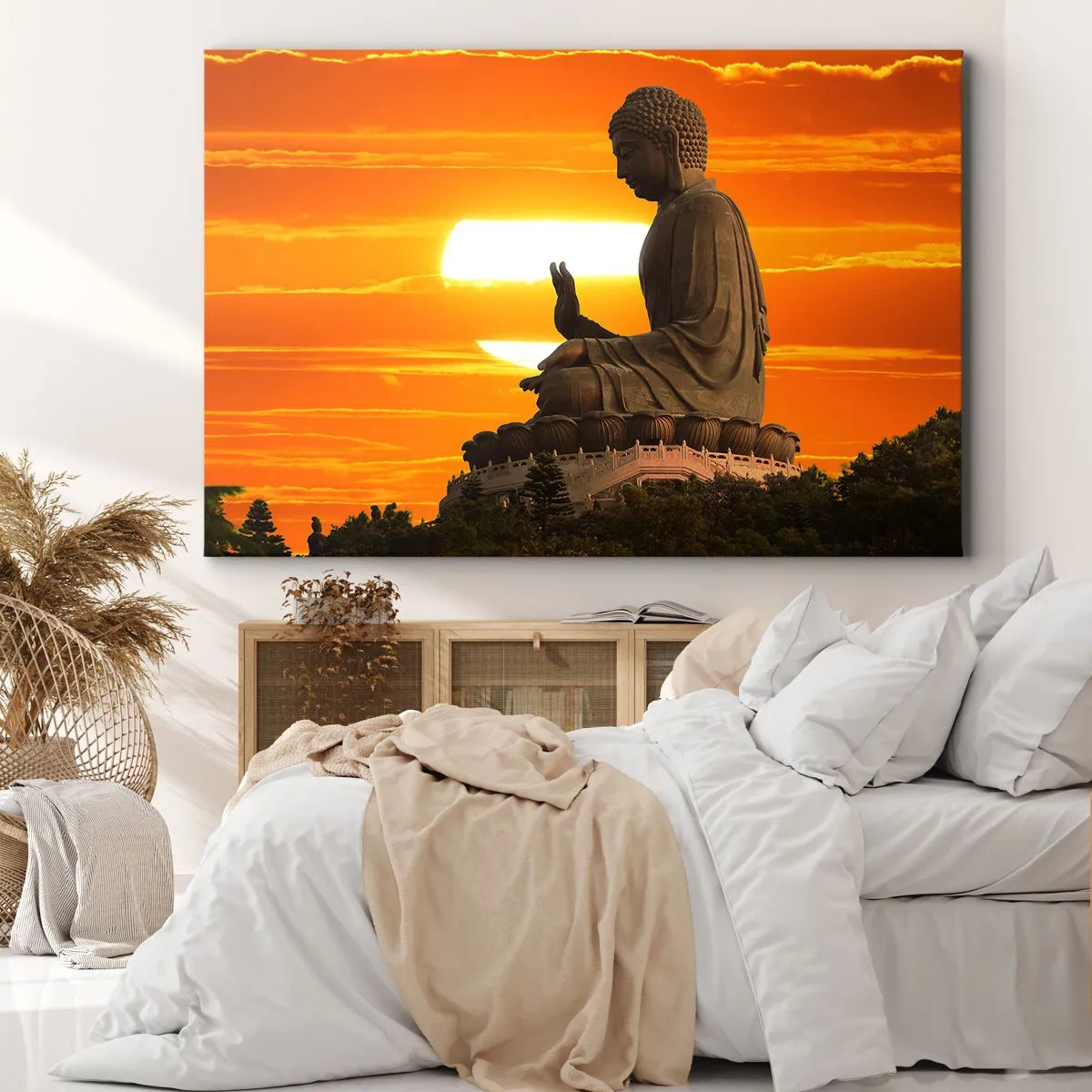 Obraz na plátne - Budhistická socha na pozadí oranžového západu slnka - 70x50cm - Bez strachu zo sveta - Moderná nástenná dekorácia do obývacej izby a spálne ARTTOR