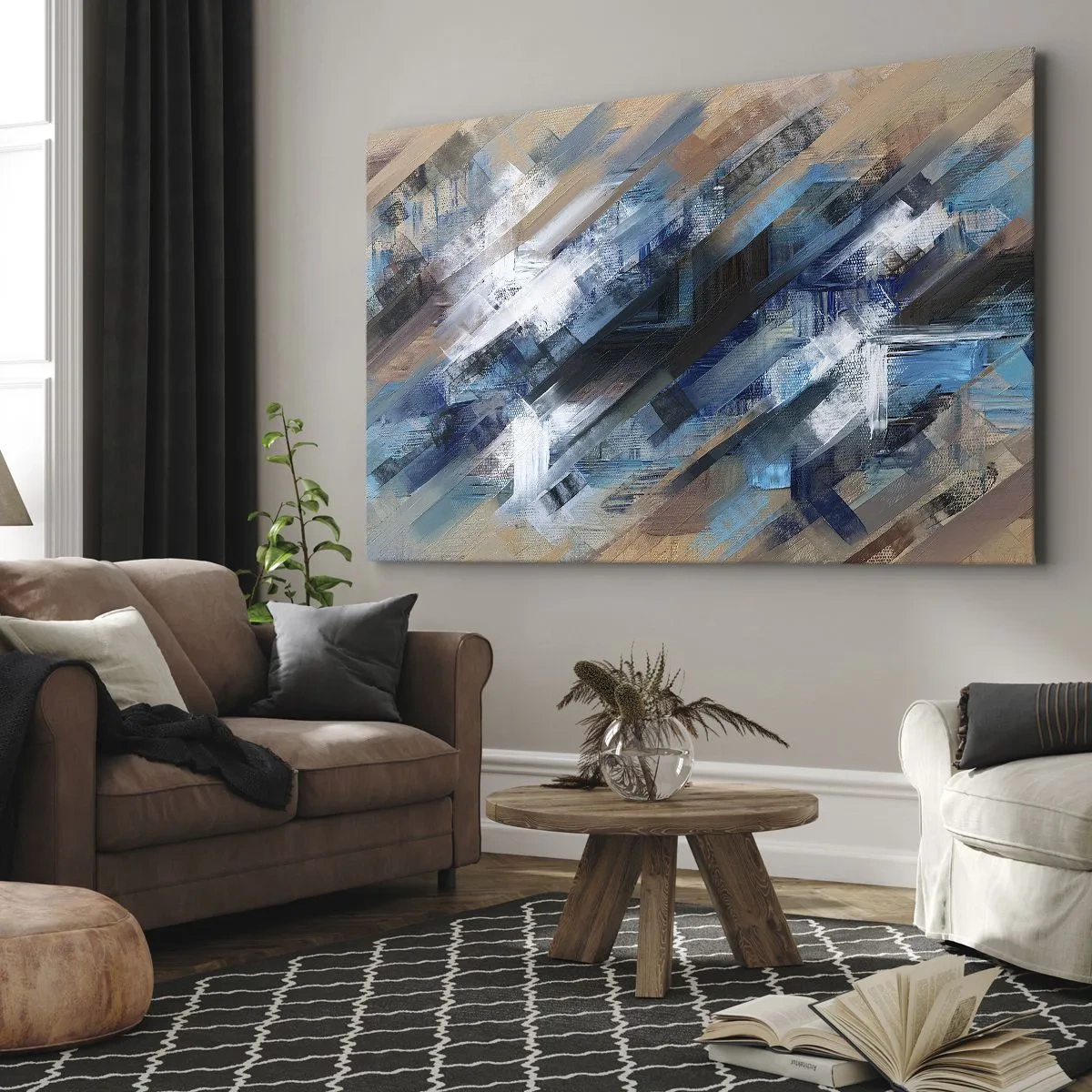 Obraz na plátne - Abstraktná kompozícia s modrými diagonálnymi čiarami - 70x50cm - Modrá šikmosť - Moderná nástenná dekorácia do obývacej izby a spálne ARTTOR