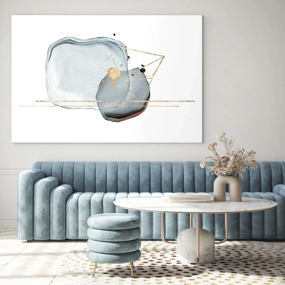 Obraz na skle - Moderná abstrakcia s kvapkami a zlatými geometrickými čiarami - 70x50cm - Štúdia kvapky - Moderná nástenná dekorácia do obývacej izby a spálne ARTTOR