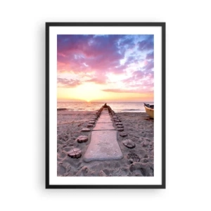 Plagát v čiernom ráme - Plážový chodník pri západe slnka - 50x70cm - Okamih hlbokého zážitku - Moderná nástenná dekorácia do obývacej izby a spálne ARTTOR