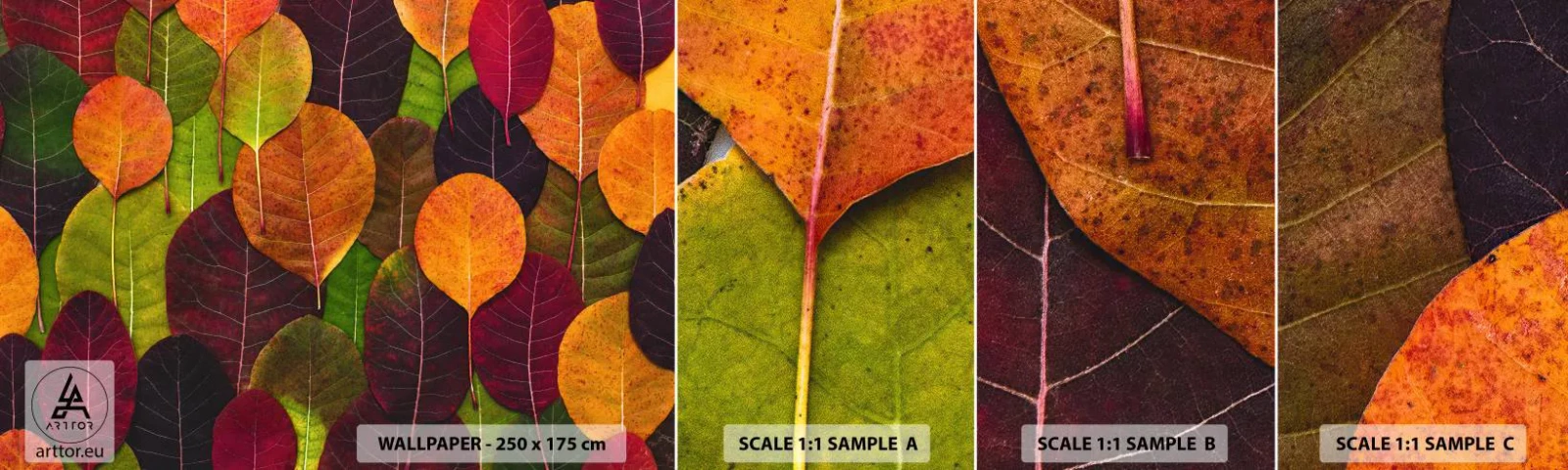 Vzorka samolepiacej fototapety Deluxe Sticker - Jesenná mozaika - Grafika, Farebné listy, Kus - 100x30 cm