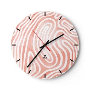 Nástenné hodiny - Abstraktný vzor pripomínajúci odtlačky prstov v ružovej farbe - 30x30cm - V koralovom labyrinte - Moderná nástenná dekorácia do obývacej izby, kuchyne a spálne ARTTOR