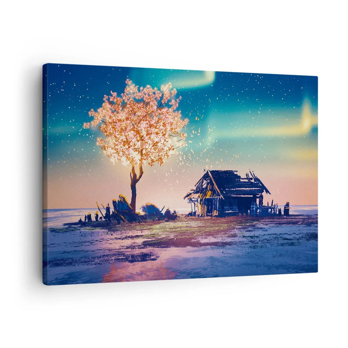 Obraz na plátne - Dom a kvitnúci strom pod nočnou oblohou - 70x50cm - Príroda neskončí - Moderná nástenná dekorácia do obývacej izby a spálne ARTTOR