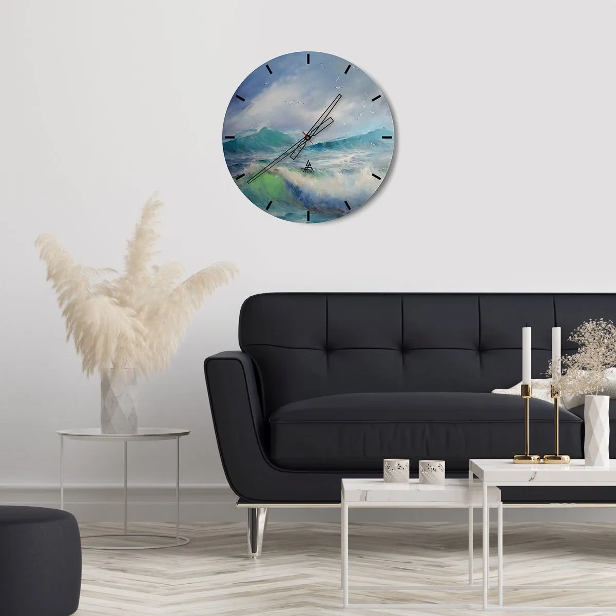 Nástenné hodiny - Obrázok morských vĺn s čajkami na modrej oblohe - 30x30cm - „Víchrica zavyla triumfálne…“ - Moderná nástenná dekorácia do obývacej izby, kuchyne a spálne ARTTOR