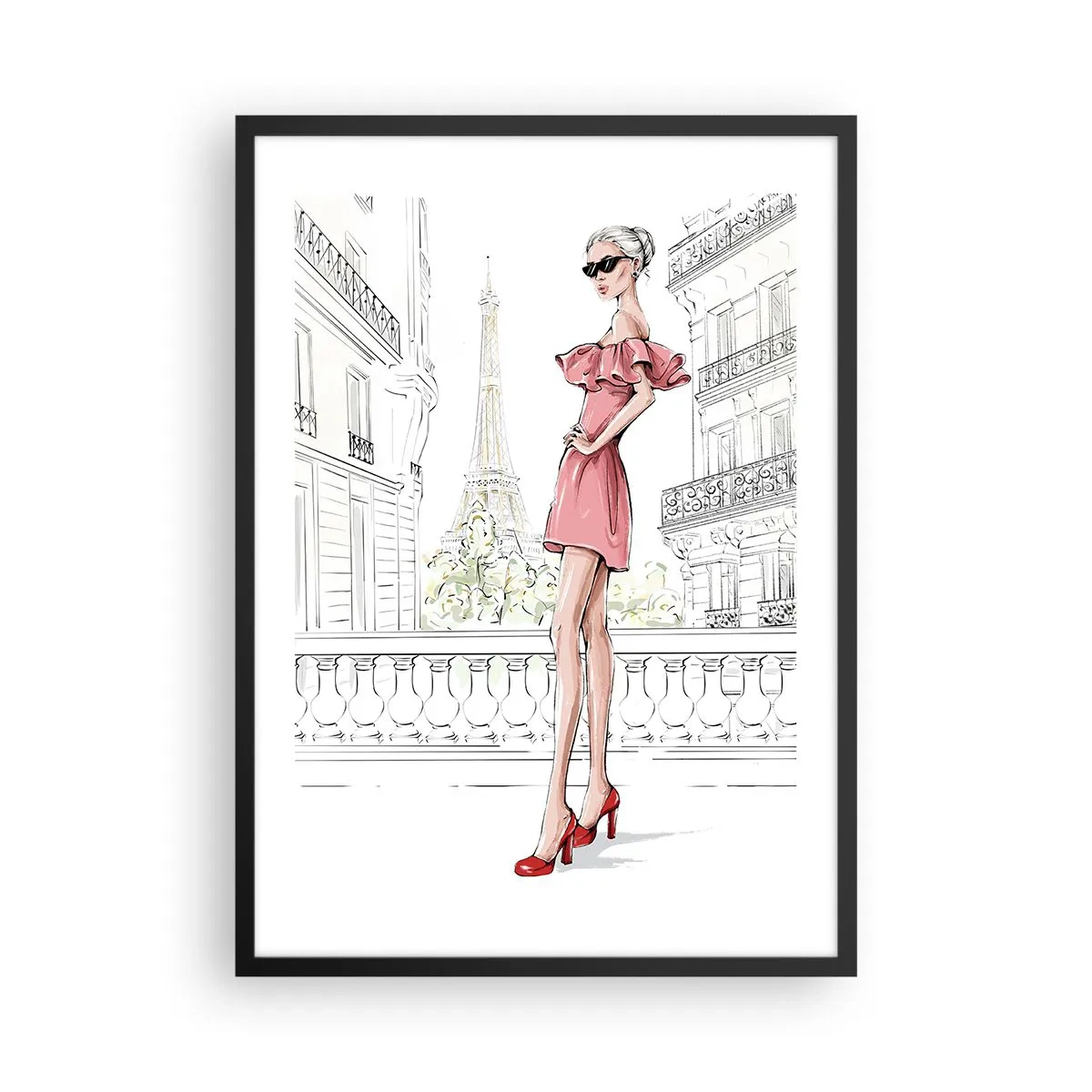 Plagát v čiernom ráme - Elegantná žena v ružových šatách s Eiffelovou vežou v pozadí - 50x70cm - Umenie módy - Moderná nástenná dekorácia do obývacej izby a spálne ARTTOR