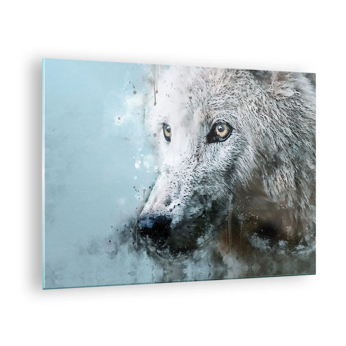 Obraz na skle - Portrét vlka s umeleckými, rozmazanými akcentmi v odtieňoch modrej - 70x50cm - Zoznámte sa s vlčou dušou - Moderná nástenná dekorácia do obývacej izby a spálne ARTTOR