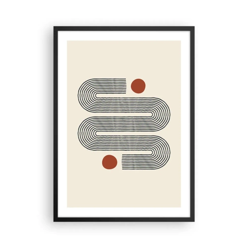 Plagát v čiernom ráme - Geometrický vzor s čiarami a červenými kruhmi - 50x70cm - Od začiatku do konca - Moderná nástenná dekorácia do obývacej izby a spálne ARTTOR