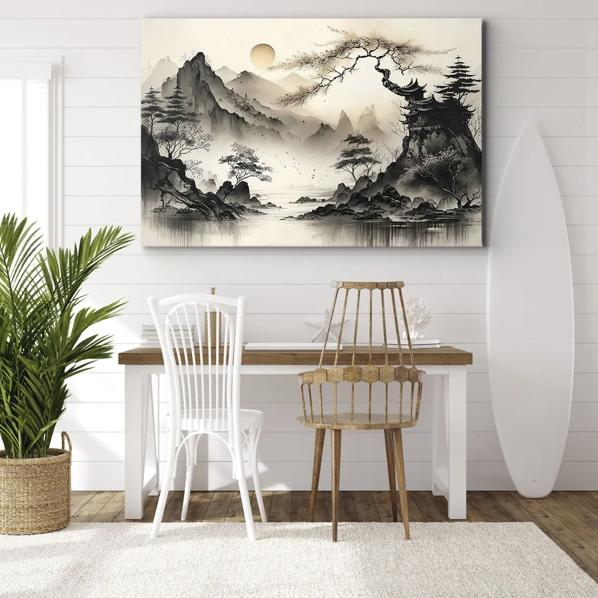 Obraz na plátne - Orientálna krajina s horami a pagodou v jemných odtieňoch. - 70x50cm - Jedinečné kúzlo orientu - Moderná nástenná dekorácia do obývacej izby a spálne ARTTOR