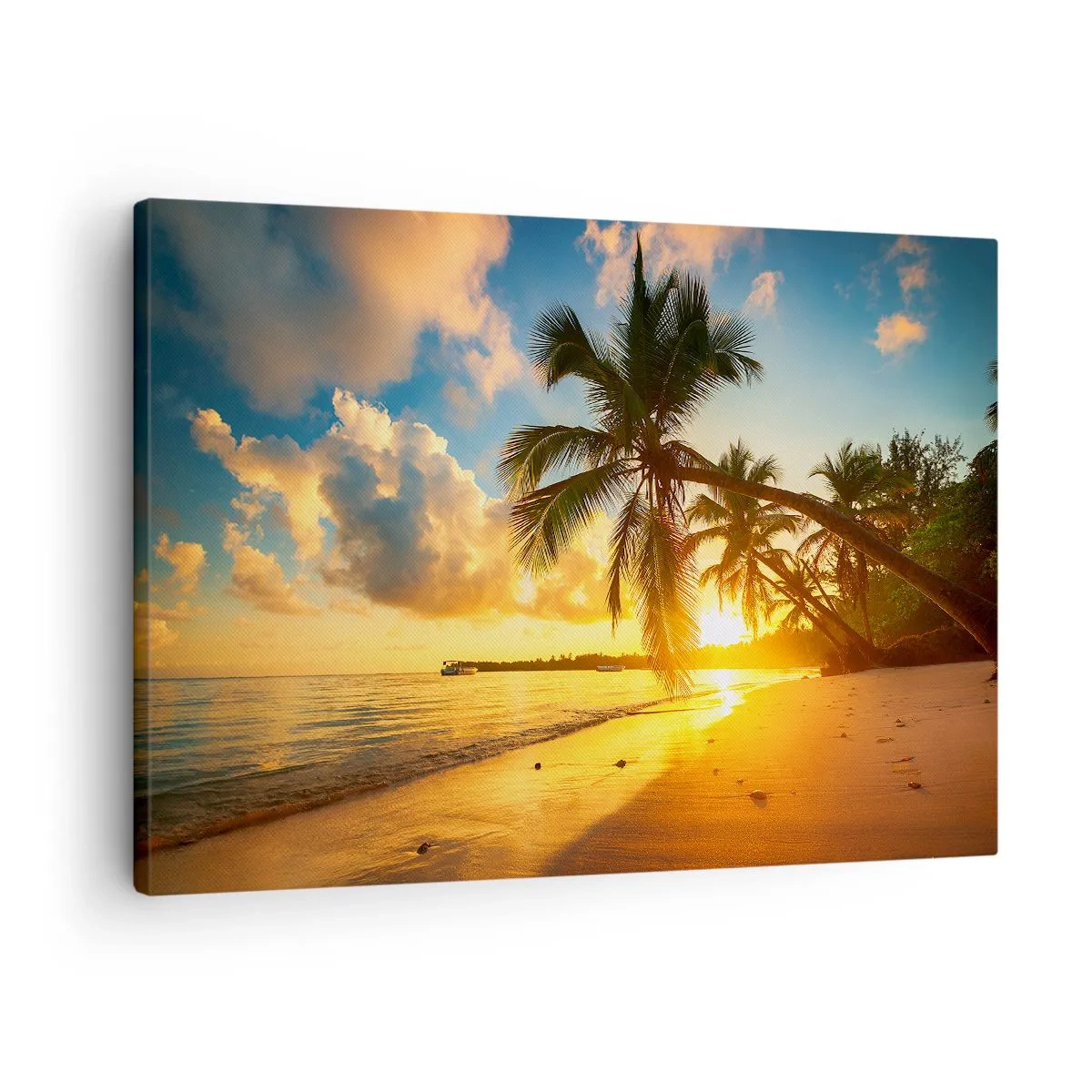 Obraz na plátne - Pláž pri západe slnka s palmami na pobreží - 70x50cm - Karibský sen - Moderná nástenná dekorácia do obývacej izby a spálne ARTTOR