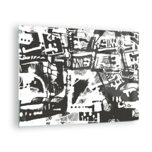 Obraz na skle - Čiernobiela abstrakcia s geometrickými a technickými motívmi - 70x50cm - Poriadok alebo chaos? - Moderná nástenná dekorácia do obývacej izby a spálne ARTTOR