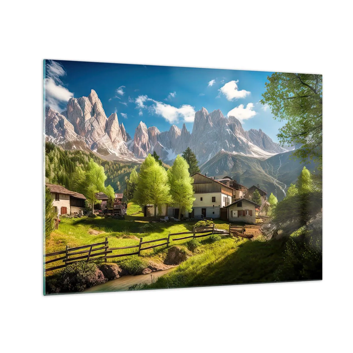 Obraz na skle - Rozvoj vidieka uprostred zelene na úpätí alpských štítov - 70x50cm - Alpská idyla - Moderná nástenná dekorácia do obývacej izby a spálne ARTTOR