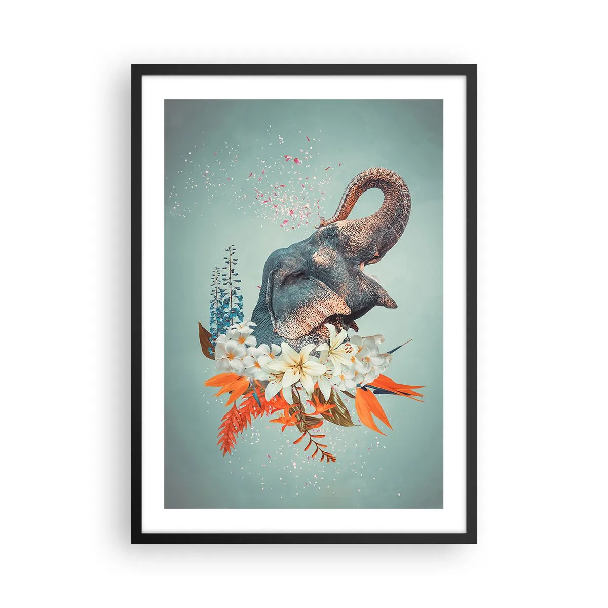 Plagát v čiernom ráme - Slon medzi kvetmi v surrealistickej kompozícii - 50x70cm - Rev radosti - Moderná nástenná dekorácia do obývacej izby a spálne ARTTOR