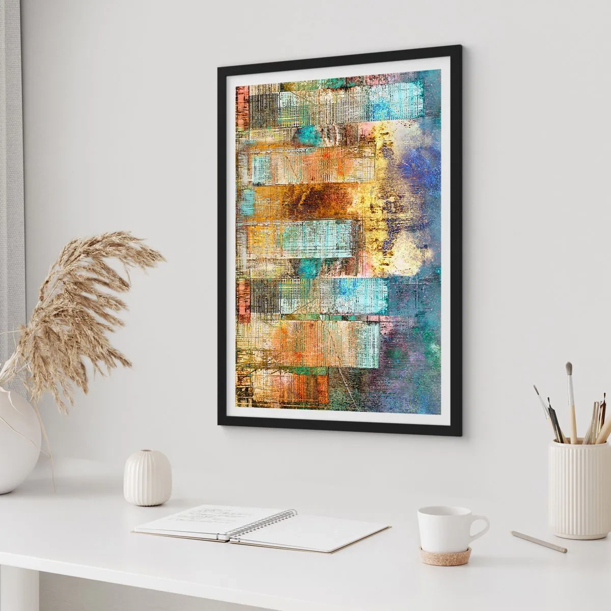 Plagát v čiernom ráme - Akvarelová raja v odtieňoch modrej na svetlom pozadí - 50x70cm - Slnečná metropola - Moderná nástenná dekorácia do obývacej izby a spálne ARTTOR